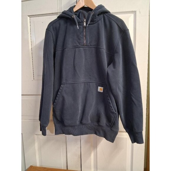 Carhartt Rain Defender Loose Fit Half-Zip Hoodie Mens M Navy Blue Durable Warm - Picture 1 of 6